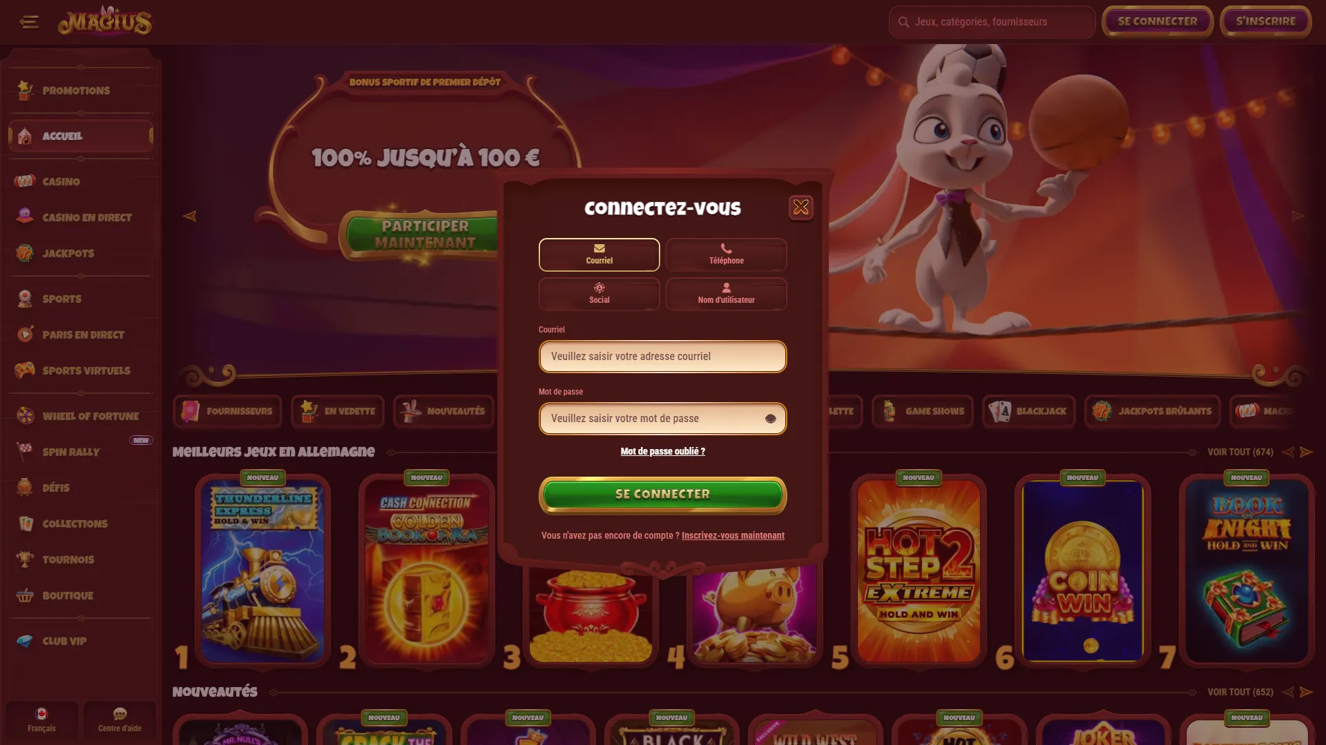 Page de connexion Magius Casino
